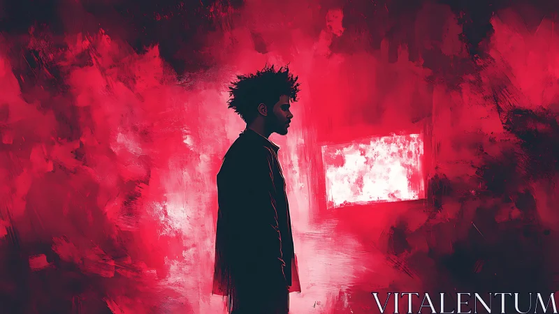 Solitary silhouette against red abstract window glow.