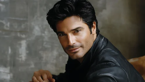 Leather-clad gaze drifts through soft studio shadows tonight