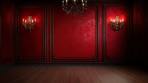 Red paneled room with chandeliers and wooden flooring.