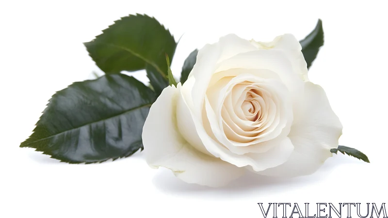 Cream-toned rose specimen with green foliage on neutral background
