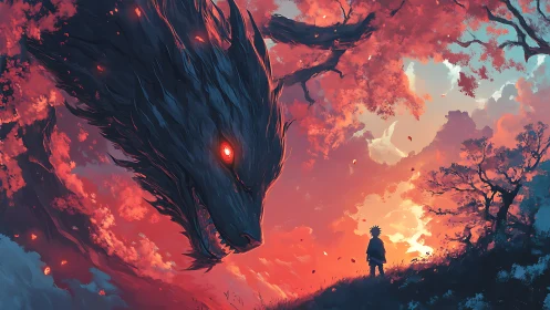 Giant dark wolf spirit faces lone figure under red sky