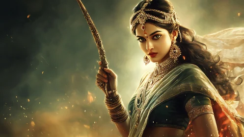 Warrior queen in jeweled sari wielding ornate sword fiercely.