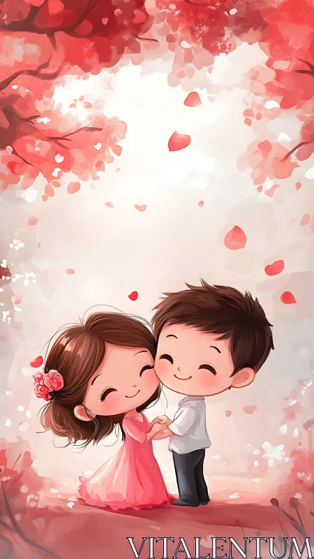 A Couple's Gentle Moment Under Falling Hearts.