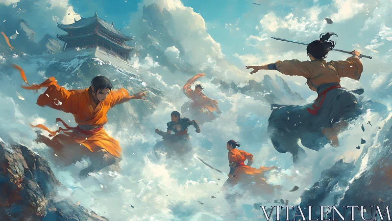 Martial artists training on snowy mountain near temple building.