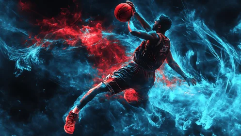 Electric court leap through swirling red and blue light.