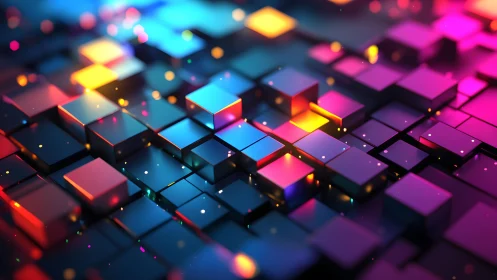 Vibrant 3D geometric cubes with glowing neon lights, digital art.