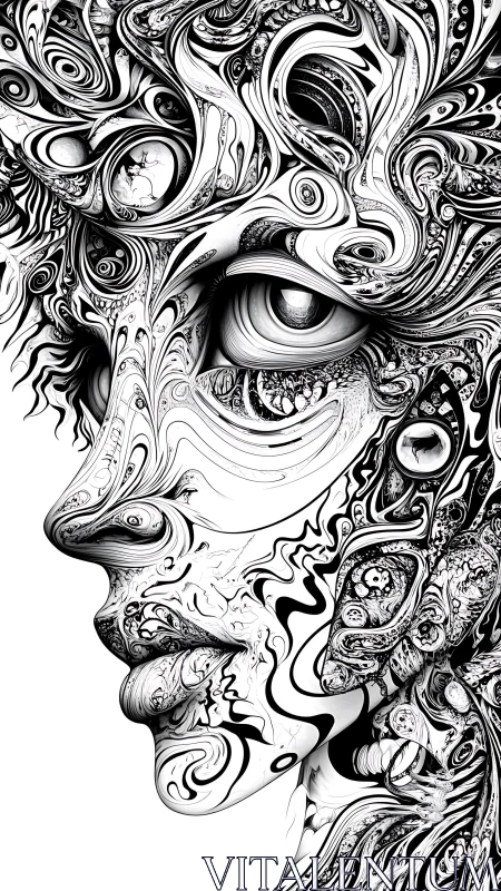 Surreal monochrome profile integrates fractal facial ornamentation