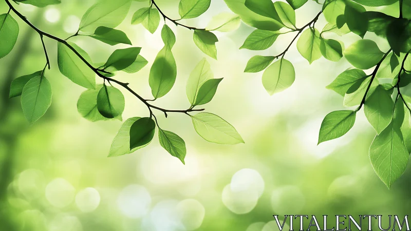 Green leaves hang on thin branches against soft bokeh light