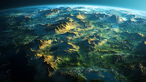 3D terrestrial landscape with sunlit mountain ranges in orbit view.