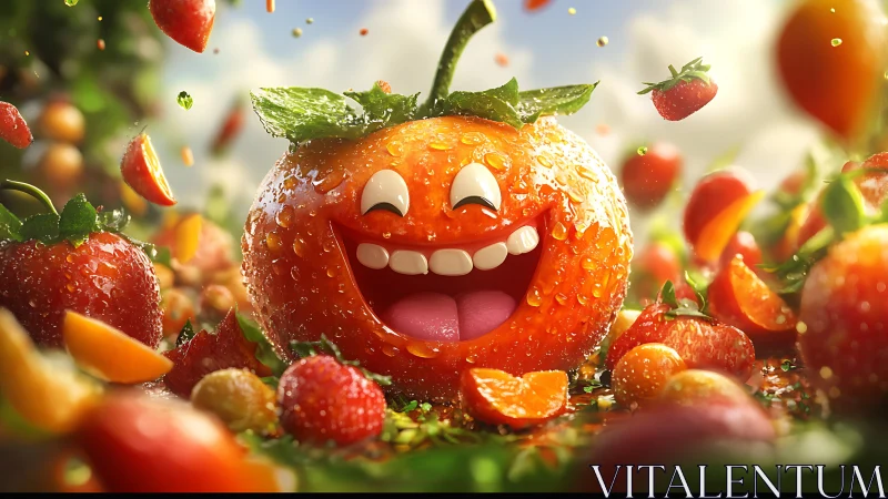 3D citrus character tableau with dynamic fruity splash lighting.