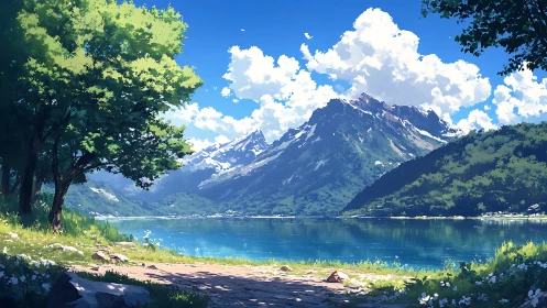 Sunlit alpine lake framed by trees and distant snow peaks