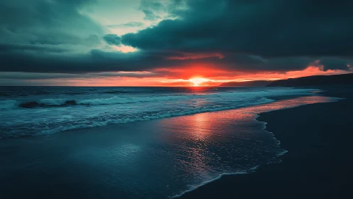 High-contrast seascape sunset with cyan shadows and surf