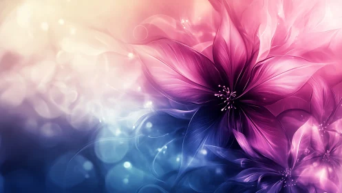 Abstract Digital Rendering with Gradient Floral Morphology and Luminescent Bokeh Elements