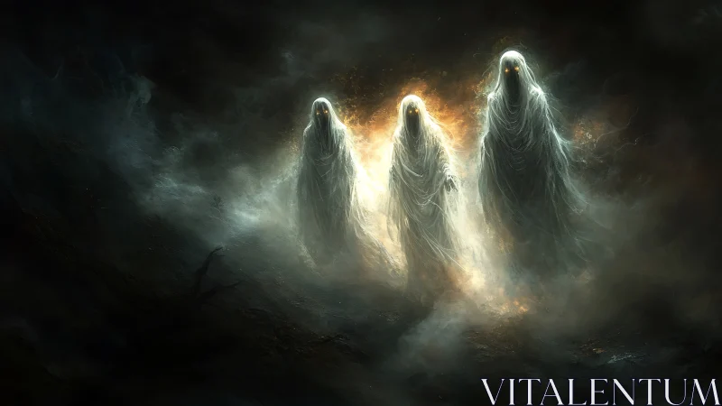 Three glowing phantoms wandering a misty twilight realm.