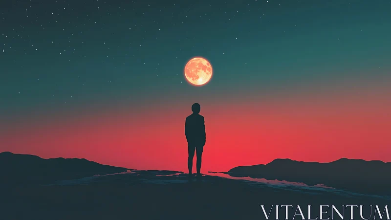 Quiet moonlit wanderer under a dreamy red twilight sky.