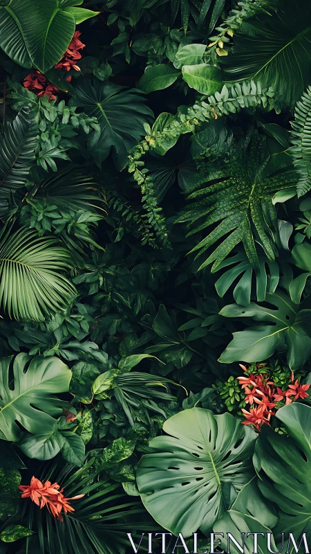 Tropical foliage wall with layered monstera and red blooms.