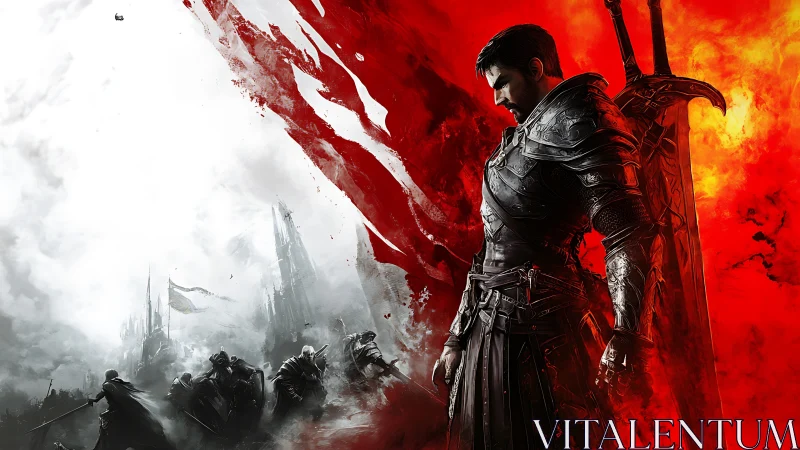 Armored swordsman between monochrome battlefield and firestorm