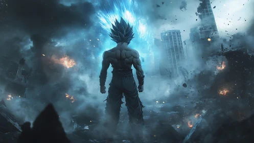 Stormlit warrior ignites a ruined city with electric fury