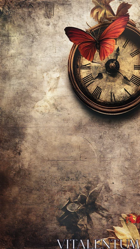 Rustic clock and gentle red butterfly share a quiet moment