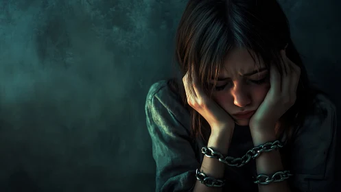 Young person in chains against dark textured background.
