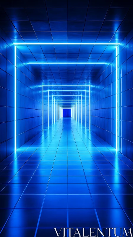 Futuristic blue LED tunnel corridor with tiled reflective walls