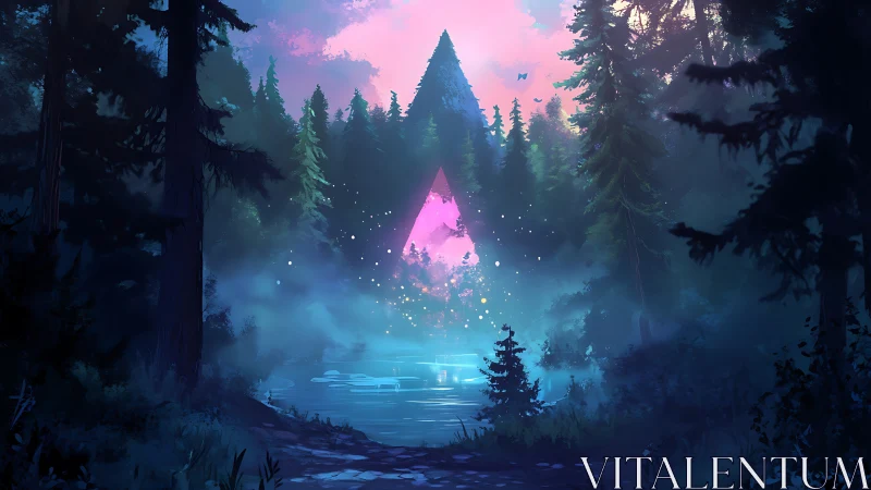 Luminous triangle portal glows over misty forest lake.