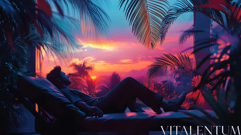 Man reclines under neon tropical sunset sky framed by palms