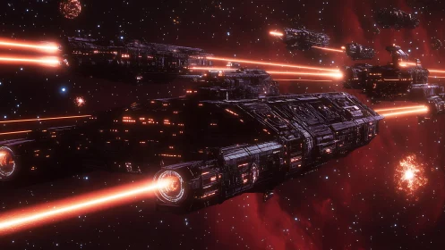 3D cinematic starfleet barrage with converging laser vectors.