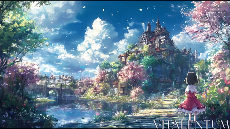 Barefoot girl wandering toward blossom crowned hilltown.