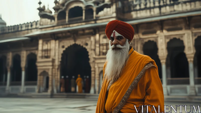 Elderly Sikh man in saffron robes before ornate stone temple