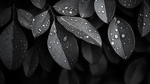 Monochrome raindrops on clustered leaves in dense shade.