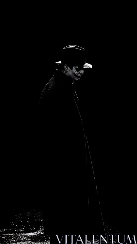 Lone figure in hat walks through stark noir city darkness