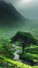 Solitary tree beside winding stream in green valley.