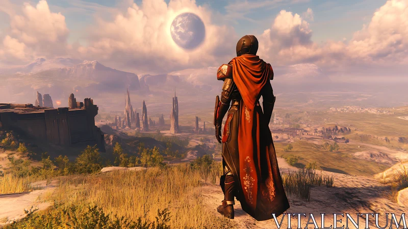 Armored sentinel overlooking alien valley under fractured moon