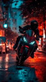 Motorcyclist racing through neon-lit rain with bokeh sparks.