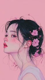 Softly glowing girl with pink blossoms in her hair.