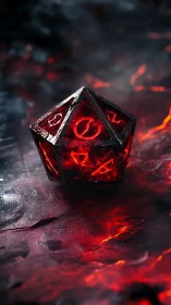 Runed infernal d20 die over molten volcanic surface.