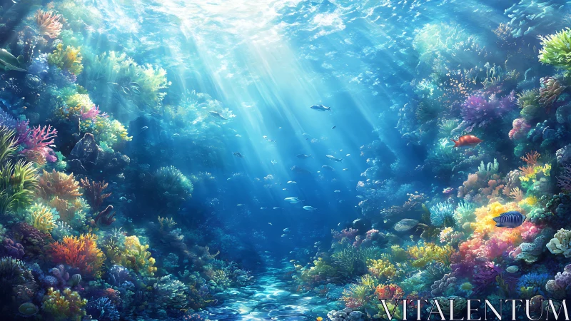 Sunlit coral reef panorama with vivid marine biodiversity.