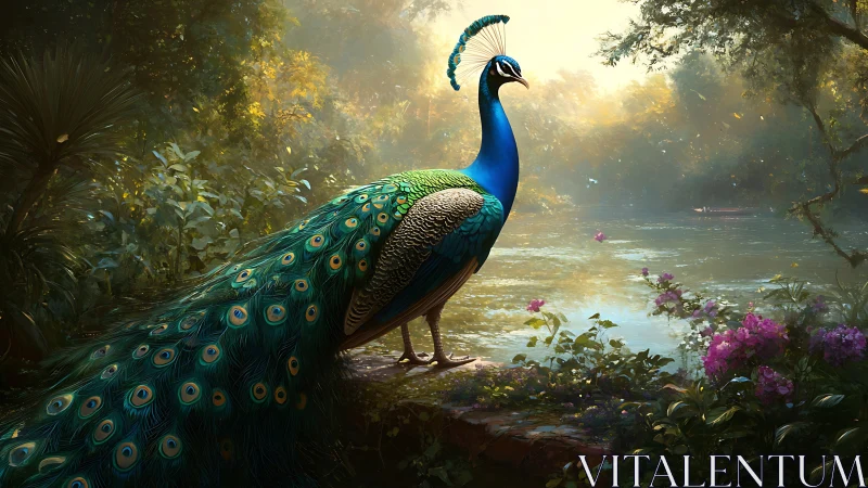 Peacock standing beside reflective river in dense greenery.
