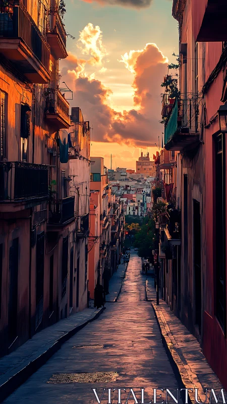 Golden evening stroll down a quiet sunlit city street.