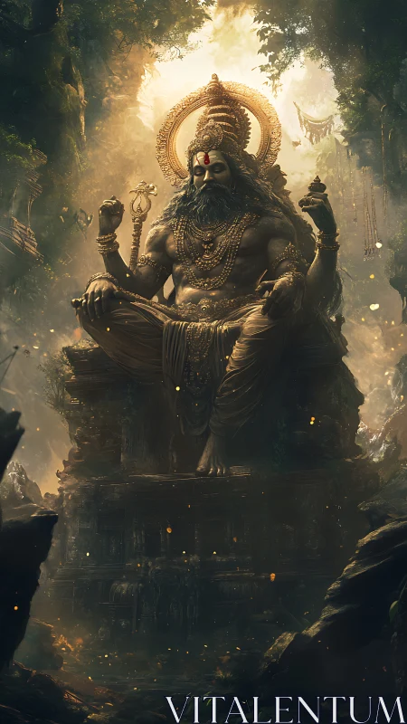 Colossal forest deity statue seated in glowing jungle temple