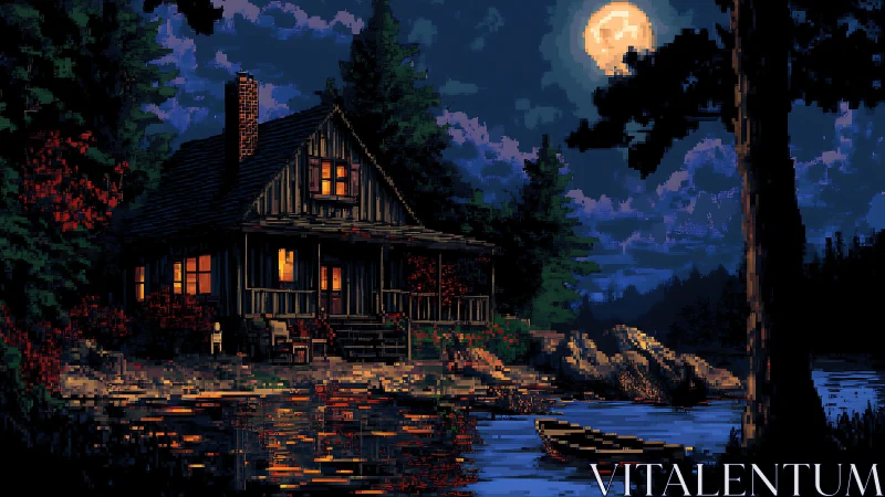 Cabin by lakeside under full moon rendered in pixel art