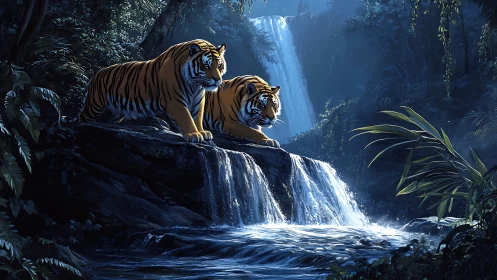 Majestic Tigers Rest Above Cascading Waterfall in Jungle Cavern