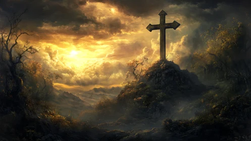 Cross crowned by burning sky over misty mountains at dusk.