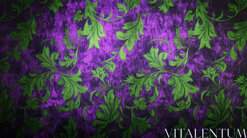 Iridescent damask foliage on textured violet woven substrate.