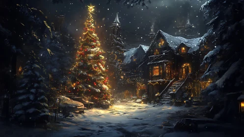 Snow covered village house with illuminated Christmas tree