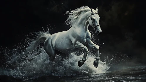 White horse runs through shallow water against dark backdrop