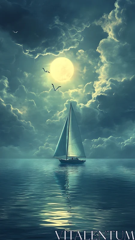 Moonlit sailboat drifting beneath luminous storm clouds.