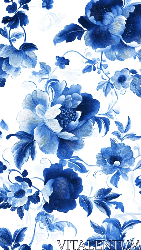 Blue and White Floral Pattern with Layered Botanical Elements