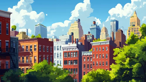 Sunlit city skyline rises above colorful brick blocks.